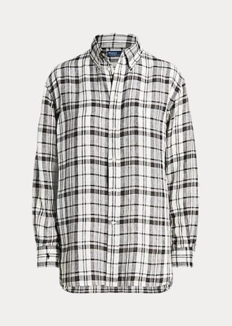 Schwarz / Weiß Damen Ralph Lauren Relaxed Fit Plaid Leinenhemden