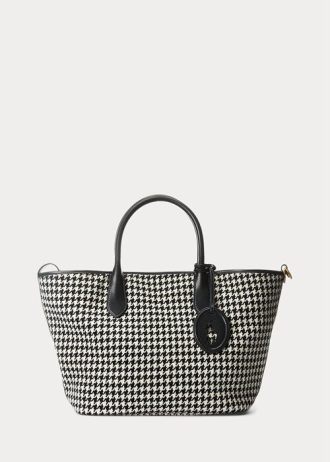 Schwarz/Weiß Hahnentrittmuster Damen Ralph Lauren Houndstooth Medium Bellport Tote Bags