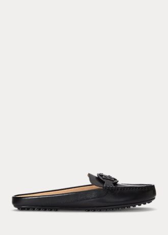 Schwarze Damen Ralph Lauren Brynn Flache Driver-Schuhe aus brüniertem Leder