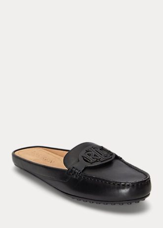 Schwarze Damen Ralph Lauren Brynn Flache Driver-Schuhe aus brüniertem Leder