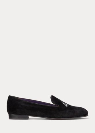 Schwarze, flache Schuhe aus besticktem Samt von Ralph Lauren Alonzo für Damen