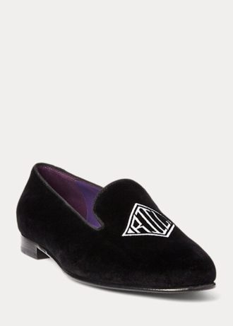 Schwarze, flache Schuhe aus besticktem Samt von Ralph Lauren Alonzo für Damen