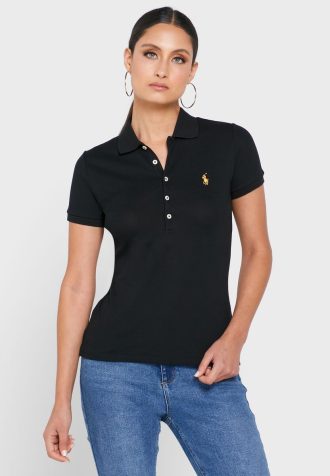 Schwarze Poloshirts für Damen von Ralph Lauren mit Knopfdetail
