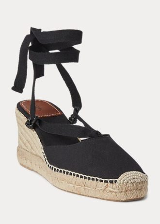 Schwarze Ralph Lauren Canvas-Espadrilles mit Keilabsatz für Damen