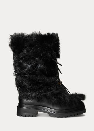 Schwarze Ralph Lauren Celia Shearling- und brünierte Lederstiefel für Damen