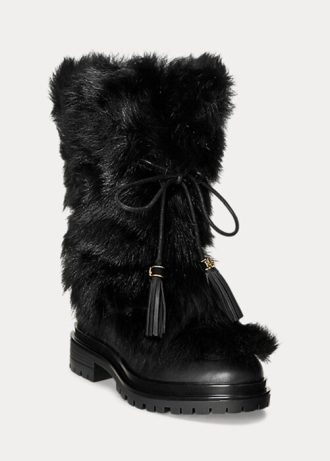 Schwarze Ralph Lauren Celia Shearling- und brünierte Lederstiefel für Damen