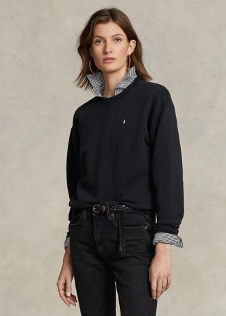 Schwarze Ralph Lauren Fleece-Pullover mit Rundhalsausschnitt für Damen