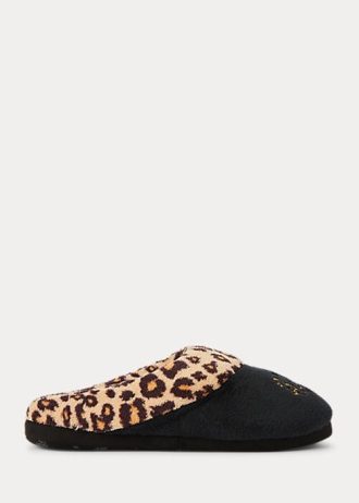 Schwarze Ralph Lauren Hausschuhe mit Leopardenlogo für Damen
