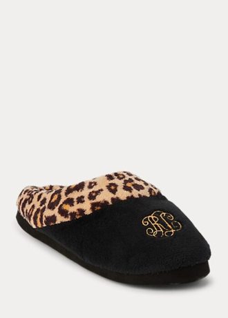 Schwarze Ralph Lauren Hausschuhe mit Leopardenlogo für Damen