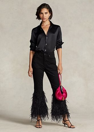 Schwarze Ralph Lauren High-Rise-Schlagjeans mit Perlenbesatz und Federbesatz für Damen