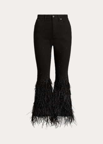 Schwarze Ralph Lauren High-Rise-Schlagjeans mit Perlenbesatz und Federbesatz für Damen
