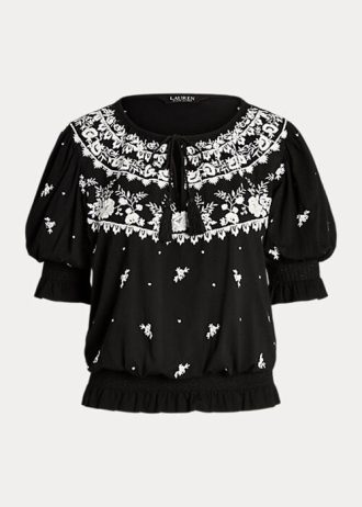 Schwarze Ralph Lauren Jersey-Oberteile mit Stickerei und Bindekragen für Damen