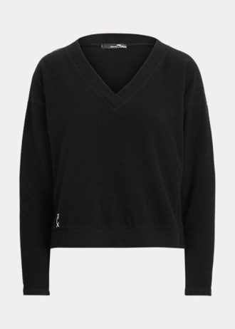 Schwarze Ralph Lauren Jersey-Sweatshirts mit V-Ausschnitt für Damen