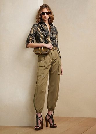Schwarze Ralph Lauren Keara Metallic-Hemden mit Rüschenbesatz für Damen