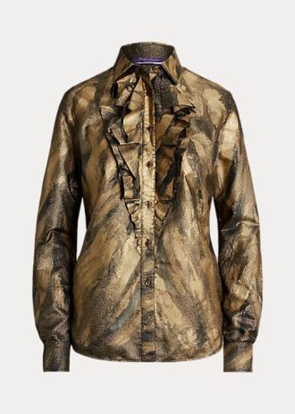 Schwarze Ralph Lauren Keara Metallic-Hemden mit Rüschenbesatz für Damen