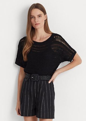 Schwarze Ralph Lauren Kurzarmpullover aus Baumwollnetz für Damen