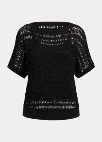 Schwarze Ralph Lauren Kurzarmpullover aus Baumwollnetz für Damen