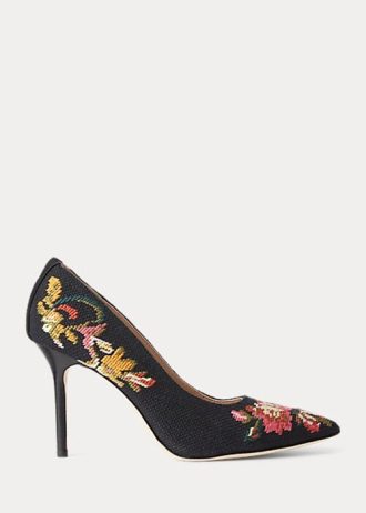 Schwarze Ralph Lauren Lindella II Needlepoint & Wildleder Heels für Damen