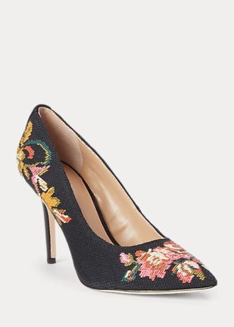 Schwarze Ralph Lauren Lindella II Needlepoint & Wildleder Heels für Damen
