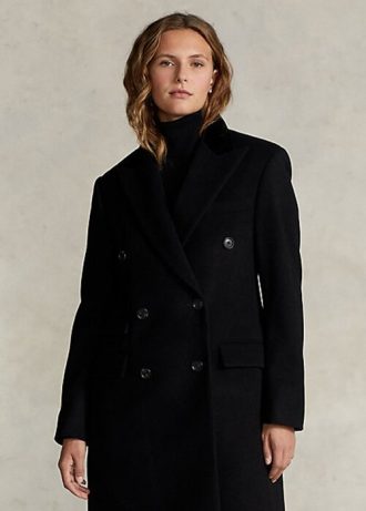 Schwarze Ralph Lauren Melton-Mäntel aus Wollmischung mit Samtkragen für Damen Schwarze Ralph Lauren Melton-Mäntel aus Wollmischung mit Samtkragen für Damen