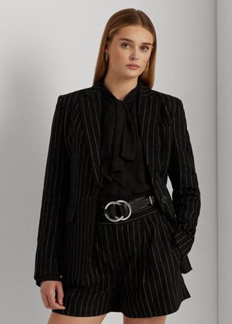 Schwarze Ralph Lauren Nadelstreifen-Blazer aus Leinenmischung-Twill für Damen