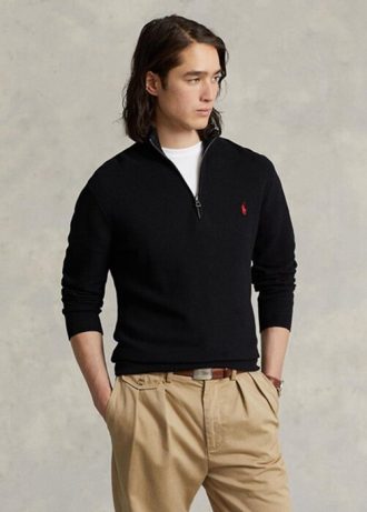 Schwarze Ralph Lauren Pullover aus Baumwolle mit Viertelreißverschluss und Netzstrick für Herren Schwarze Ralph Lauren Pullover aus Baumwolle mit Viertelreißverschluss und Netzstrick für Herren