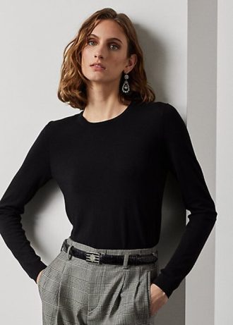 Schwarze Ralph Lauren Pullover aus Merinowolle mit Rundhalsausschnitt für Damen