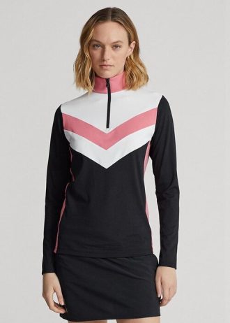 Schwarze Ralph Lauren Pullover mit Chevron-Streifen und Viertelreißverschluss für Damen