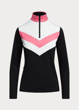 Schwarze Ralph Lauren Pullover mit Chevron-Streifen und Viertelreißverschluss für Damen