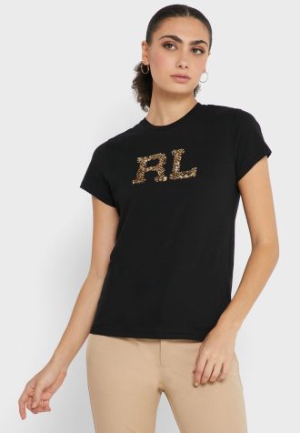 Schwarze Ralph Lauren Rundhals-Oberteile mit Grafik für Damen Schwarze Ralph Lauren Rundhals-Oberteile mit Grafik für Damen
