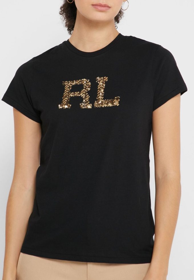 Schwarze Ralph Lauren Rundhals-Oberteile mit Grafik für Damen Schwarze Ralph Lauren Rundhals-Oberteile mit Grafik für Damen