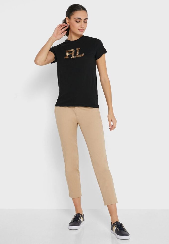 Schwarze Ralph Lauren Rundhals-Oberteile mit Grafik für Damen Schwarze Ralph Lauren Rundhals-Oberteile mit Grafik für Damen