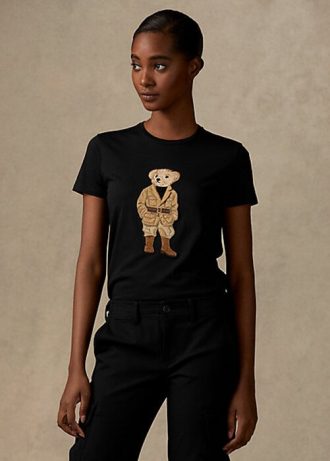 Schwarze Ralph Lauren Safari Polo Bear Baumwoll-T-Shirts für Damen Schwarze Ralph Lauren Safari Polo Bear Baumwoll-T-Shirts für Damen