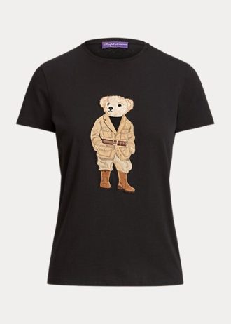 Schwarze Ralph Lauren Safari Polo Bear Baumwoll-T-Shirts für Damen Schwarze Ralph Lauren Safari Polo Bear Baumwoll-T-Shirts für Damen
