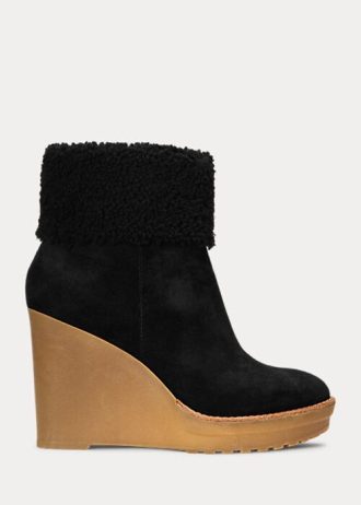 Schwarze Ralph Lauren Steph Wildlederstiefel mit Shearling-Besatz für Damen