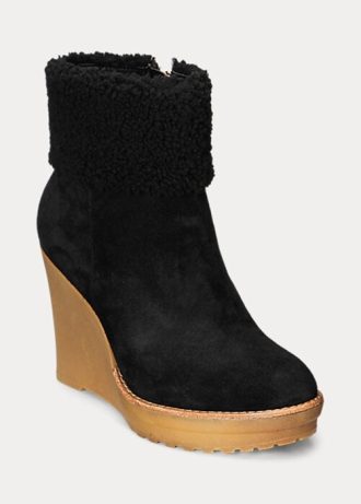Schwarze Ralph Lauren Steph Wildlederstiefel mit Shearling-Besatz für Damen