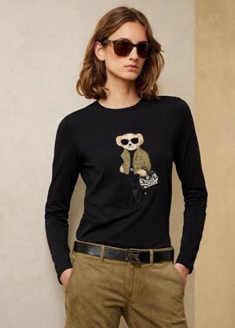 Schwarze Ralph Lauren Utility Bear Langarm-T-Shirts aus Baumwolle für Damen Schwarze Ralph Lauren Utility Bear Langarm-T-Shirts aus Baumwolle für Damen