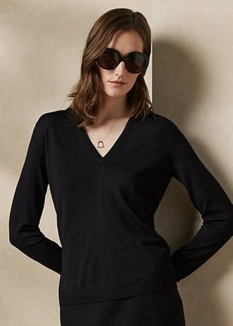 Schwarze Ralph Lauren Wollpullover mit langen Ärmeln und V-Ausschnitt für Damen
