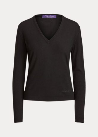 Schwarze Ralph Lauren Wollpullover mit langen Ärmeln und V-Ausschnitt für Damen