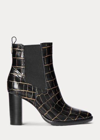 Schwarze Ralph Lauren Ylah-Stiefel aus geprägtem Leder für Damen