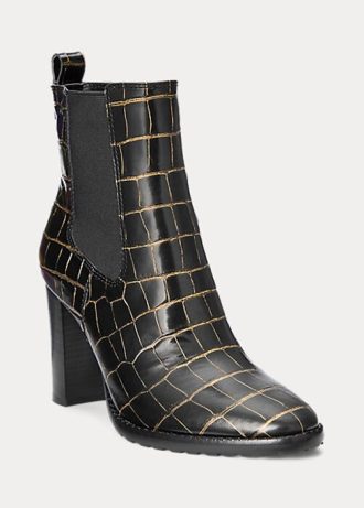 Schwarze Ralph Lauren Ylah-Stiefel aus geprägtem Leder für Damen