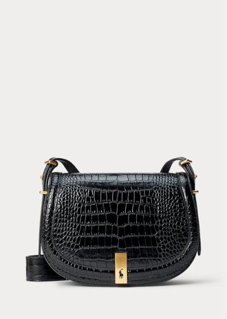 Schwarze Satteltaschen mit Krokoprägung für Damen von Ralph Lauren Polo ID