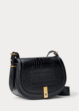 Schwarze Satteltaschen mit Krokoprägung für Damen von Ralph Lauren Polo ID