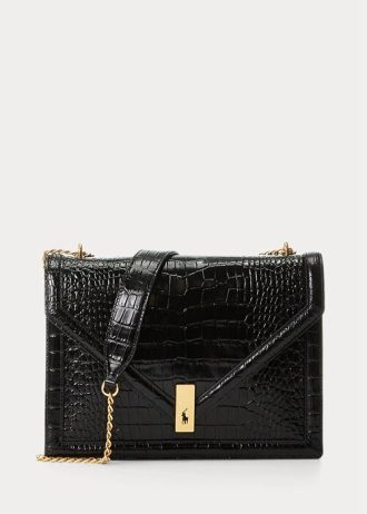 Schwarze Umhängetaschen mit Kroko-Prägung und Umschlagkette für Damen von Ralph Lauren Polo ID