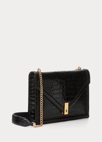 Schwarze Umhängetaschen mit Kroko-Prägung und Umschlagkette für Damen von Ralph Lauren Polo ID