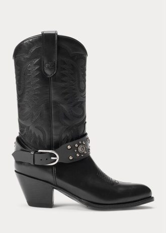Schwarze Westernstiefel aus Kalbsleder mit Nieten von Ralph Lauren für Damen