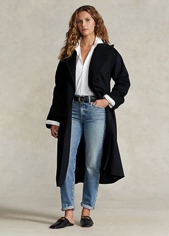 Schwarze Wickelmäntel aus Wollmischung mit steigendem Revers für Damen von Ralph Lauren Schwarze Wickelmäntel aus Wollmischung mit steigendem Revers für Damen von Ralph Lauren