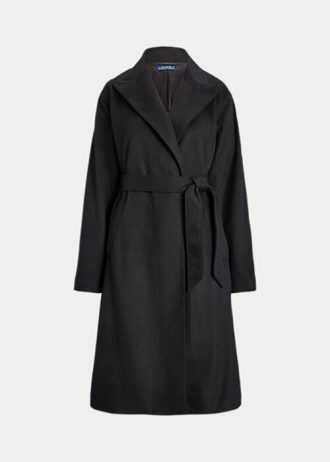 Schwarze Wickelmäntel aus Wollmischung mit steigendem Revers für Damen von Ralph Lauren Schwarze Wickelmäntel aus Wollmischung mit steigendem Revers für Damen von Ralph Lauren
