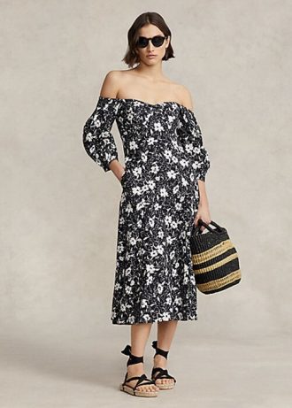 Schwarzes/cremefarbenes schulterfreies Leinenkleid mit Blumenmuster von Ralph Lauren für Damen
