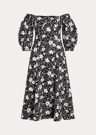 Schwarzes/cremefarbenes schulterfreies Leinenkleid mit Blumenmuster von Ralph Lauren für Damen